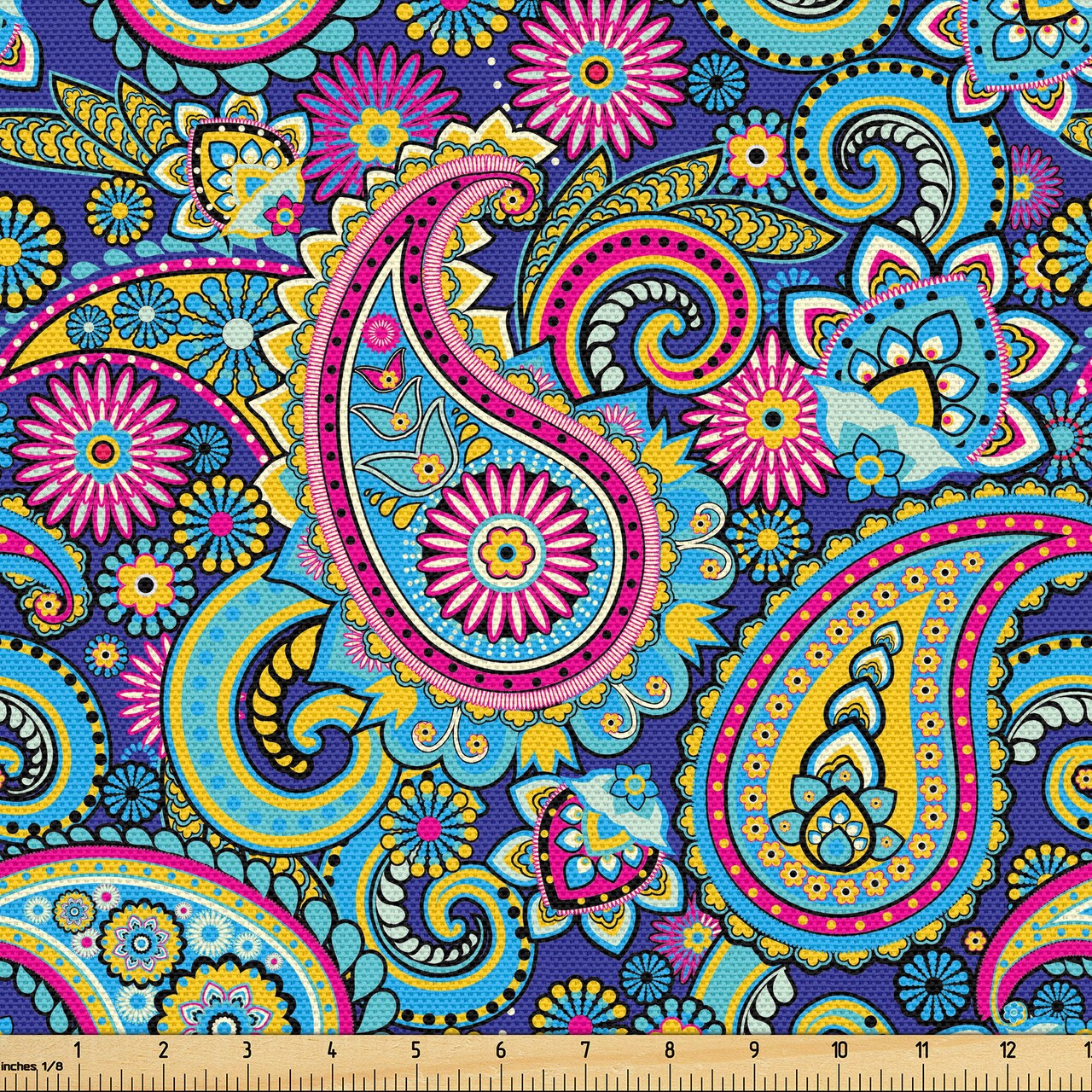 Ambesonne Navy and Blush Fabric by the Yard, Old Fashioned Eastern Floral Paisley Motif Vintage Oriental Elements, Decorative Fabric for Upholstery and Home Accents, 1 Yard, Pink Blue Yellow